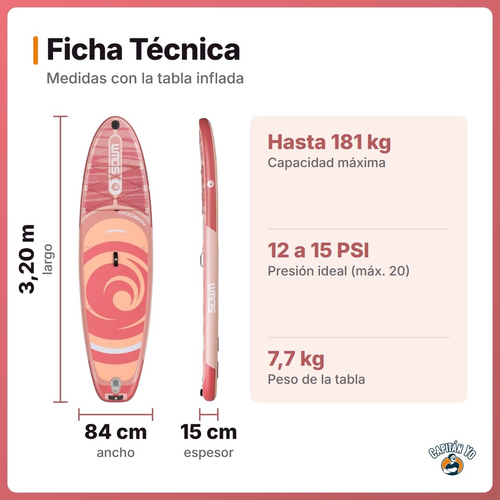 TABLA STAND UP SOWM MODELO SW05 INFLABLE 3.20M ROSA - ficha-tecnica