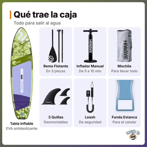 TABLA STAND UP HIWAVE MODELO HW14 INFLABLE 3.51M VERDE - que-trae