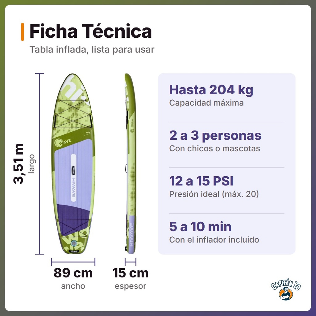 TABLA STAND UP HIWAVE MODELO HW14 INFLABLE 3.51M VERDE - ficha-tecnica