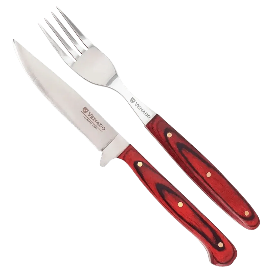 SET VENADO CUCHILLO Y TENEDOR CON VAINA CUERO CON CAJA MADERA