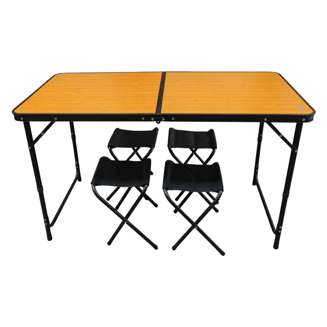 [131582] MESA SPINIT PLEGABLE ALUMINIO NEGRO + BAMBOO C/4 BANQUITOS ACERO