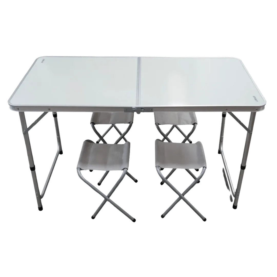[131600] MESA SPINIT PLEGABLE ALUMINIO + GRIS PLATA C/4 BANQUITOS ACERO