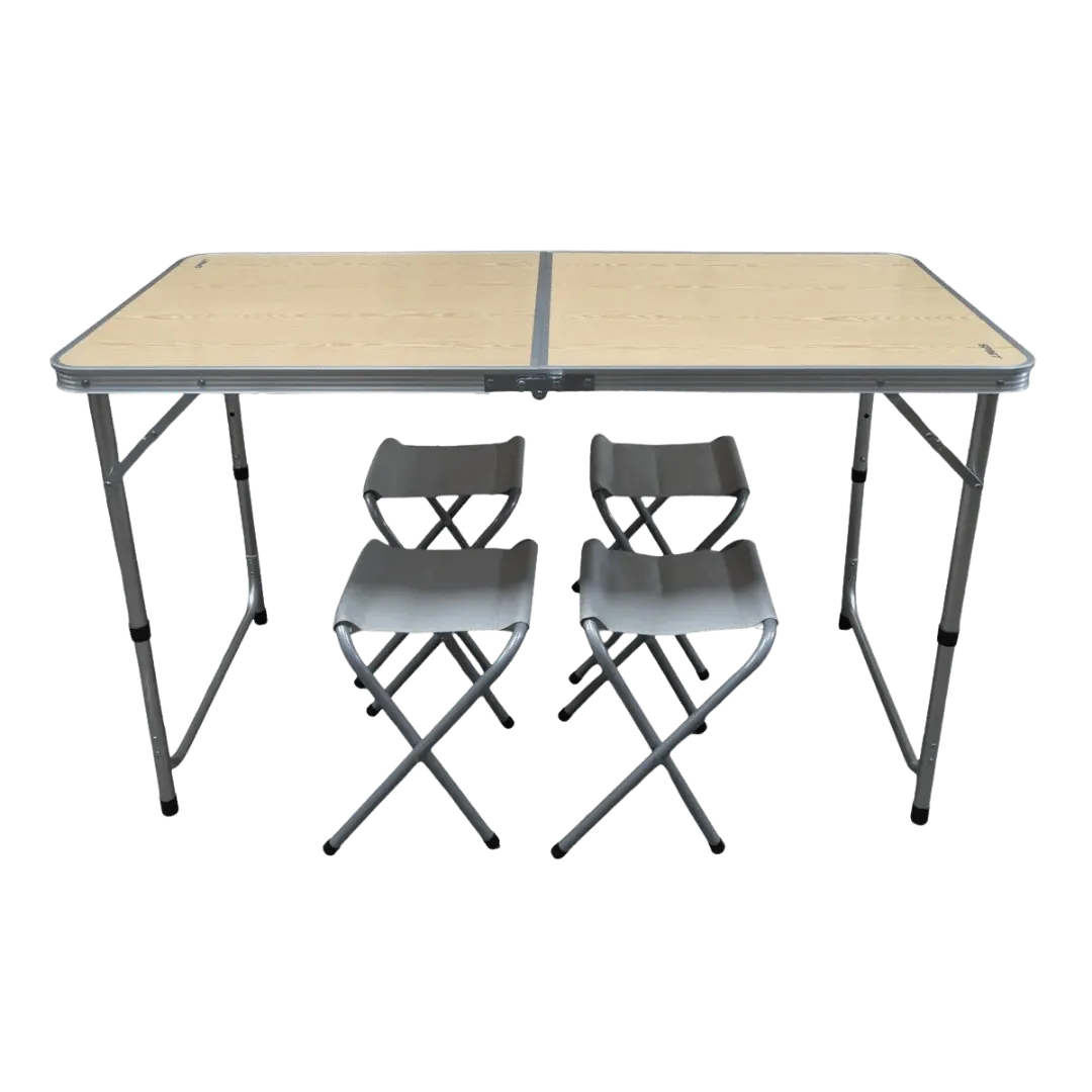 [131601] MESA SPINIT PLEGABLE ALUMINIO + MADERA CLARA C/4 BANQUITOS ACERO